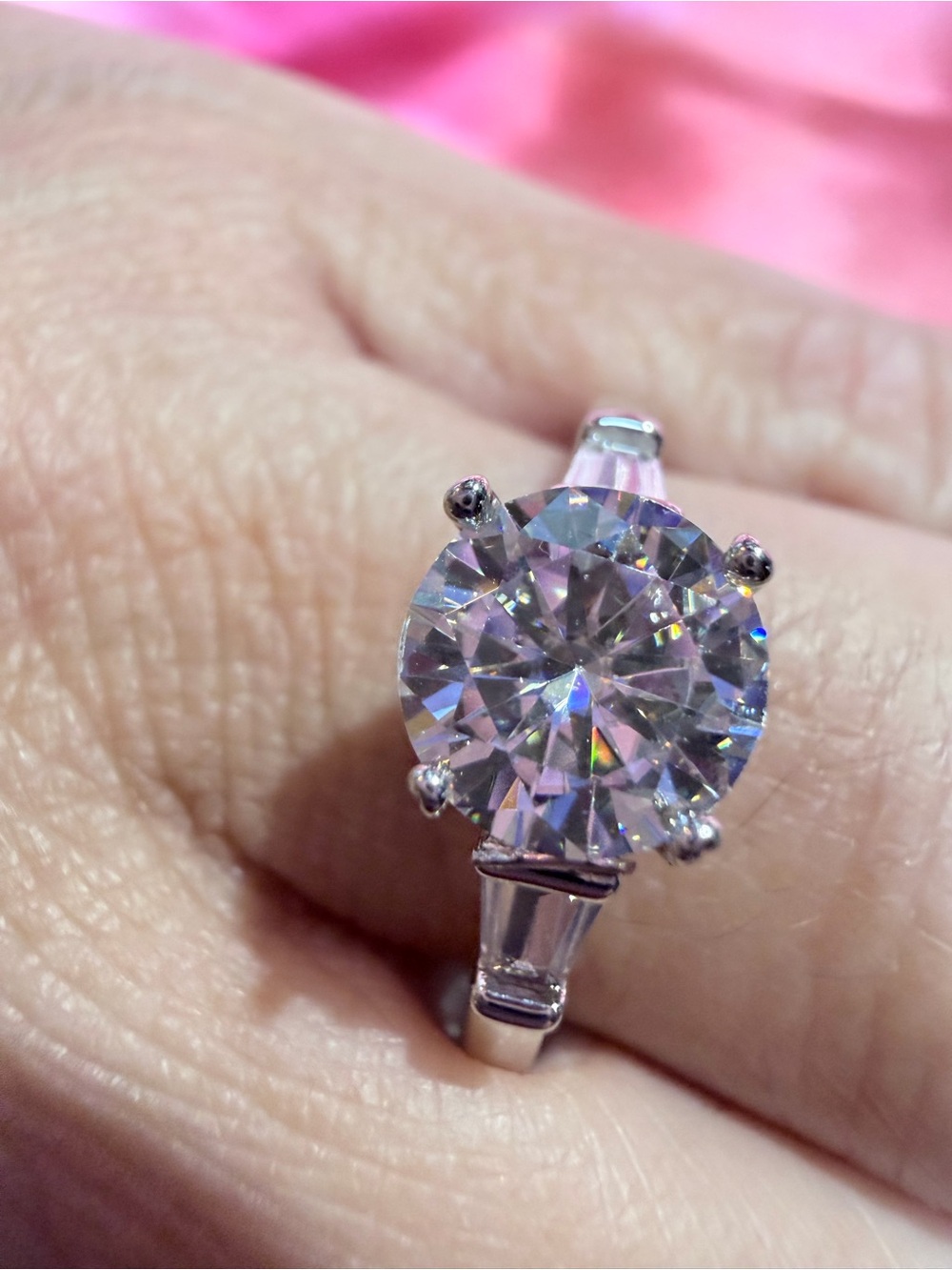 New 2 Carat Moissanite 18K Overlay Baguette and Round 3 Stone Engagement Ring
